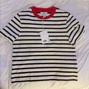 NWT - COS Black & Cream Striped Tee with Red Collar